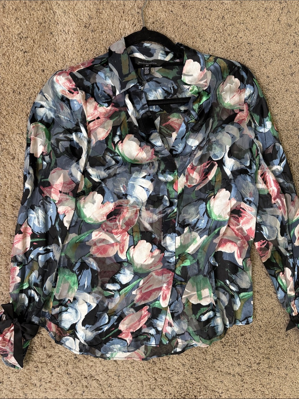 New WHBM Sheer Floral Button-Down Blouse - Navy XS